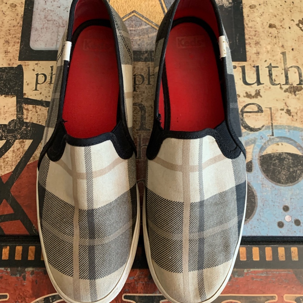 Keds Plaid Slip-On Sneakers in Black, White, Gray with Red Insoles